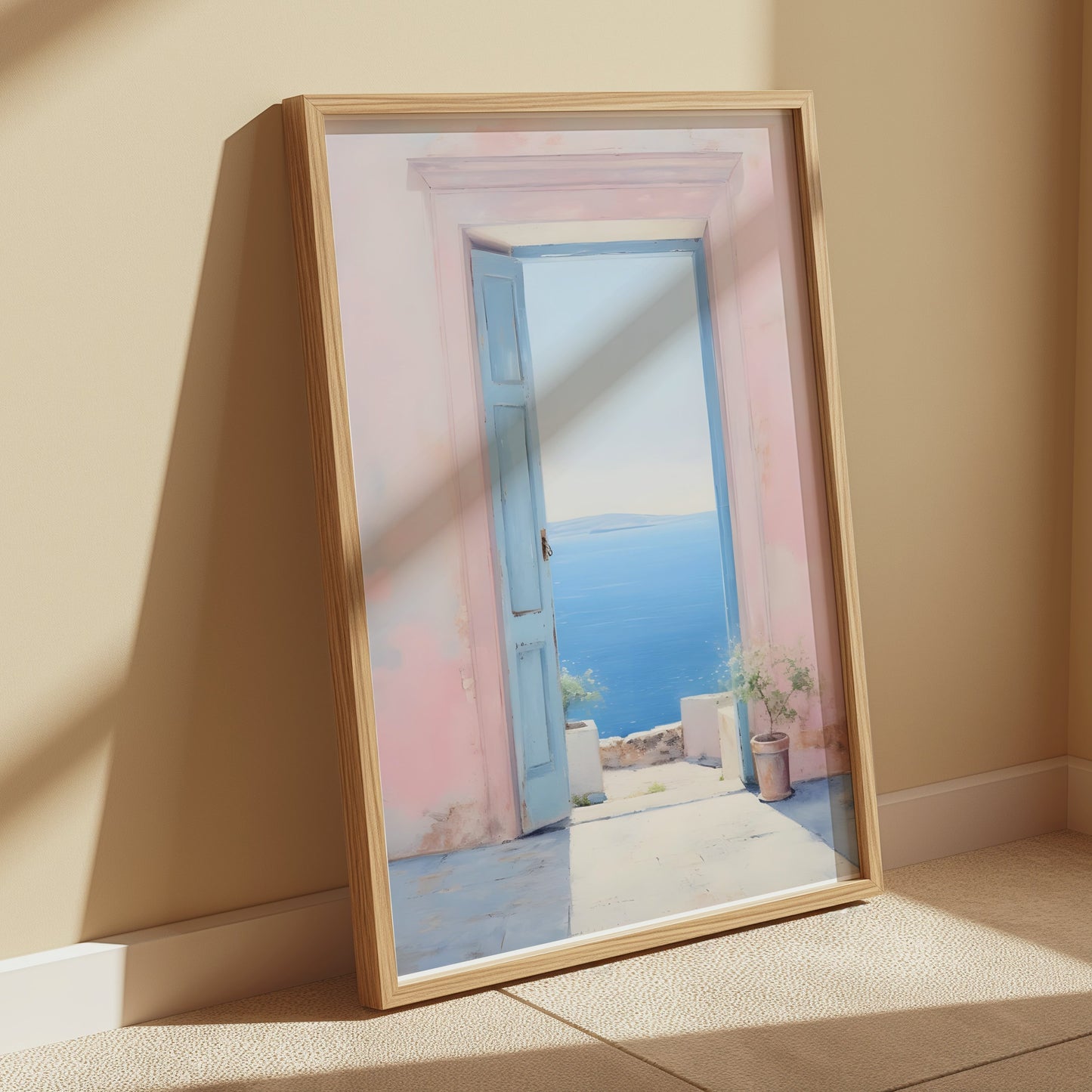 Premium Poster of Serene Ocean View Through Pastel Open Door Posters