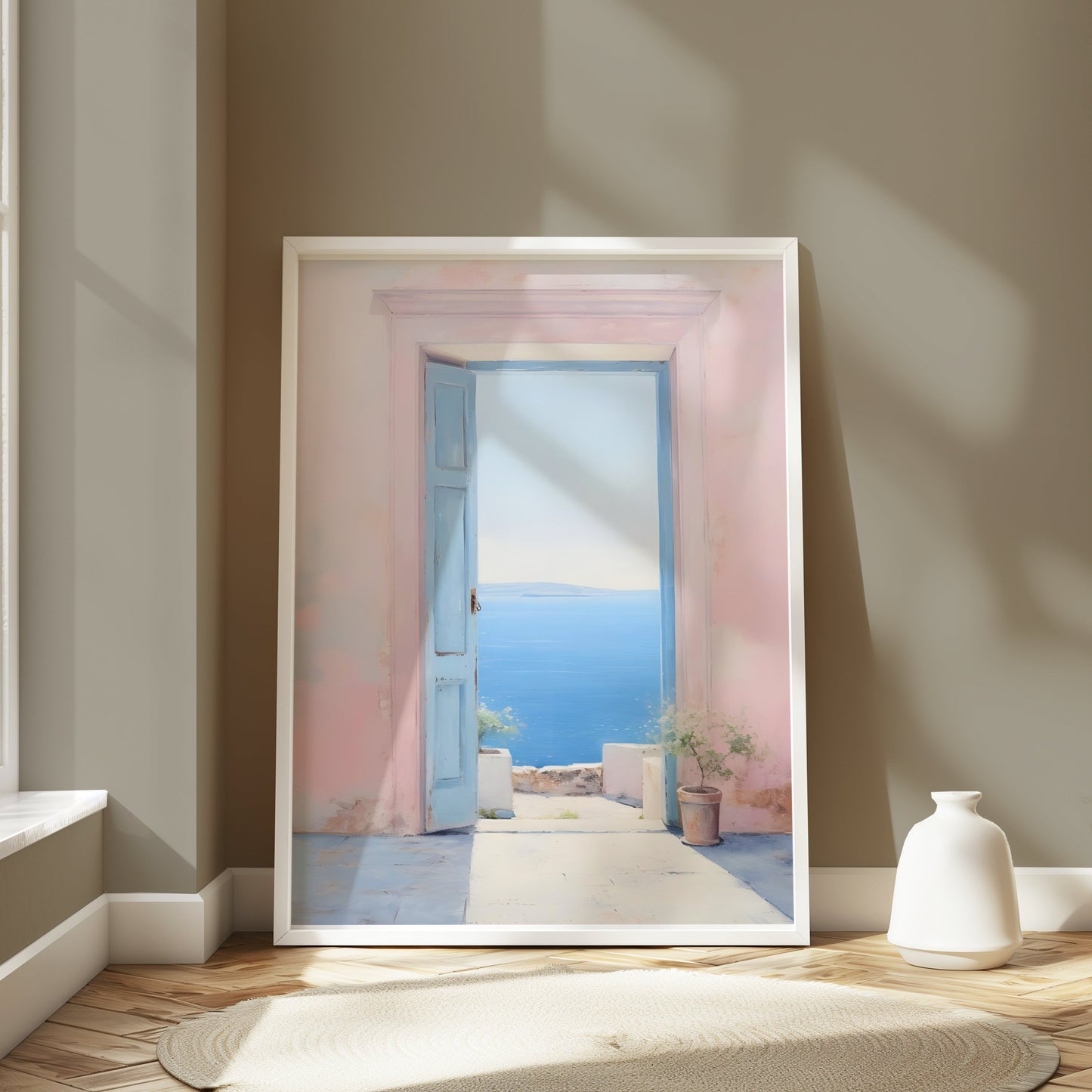 Premium Poster of Serene Ocean View Through Pastel Open Door Posters