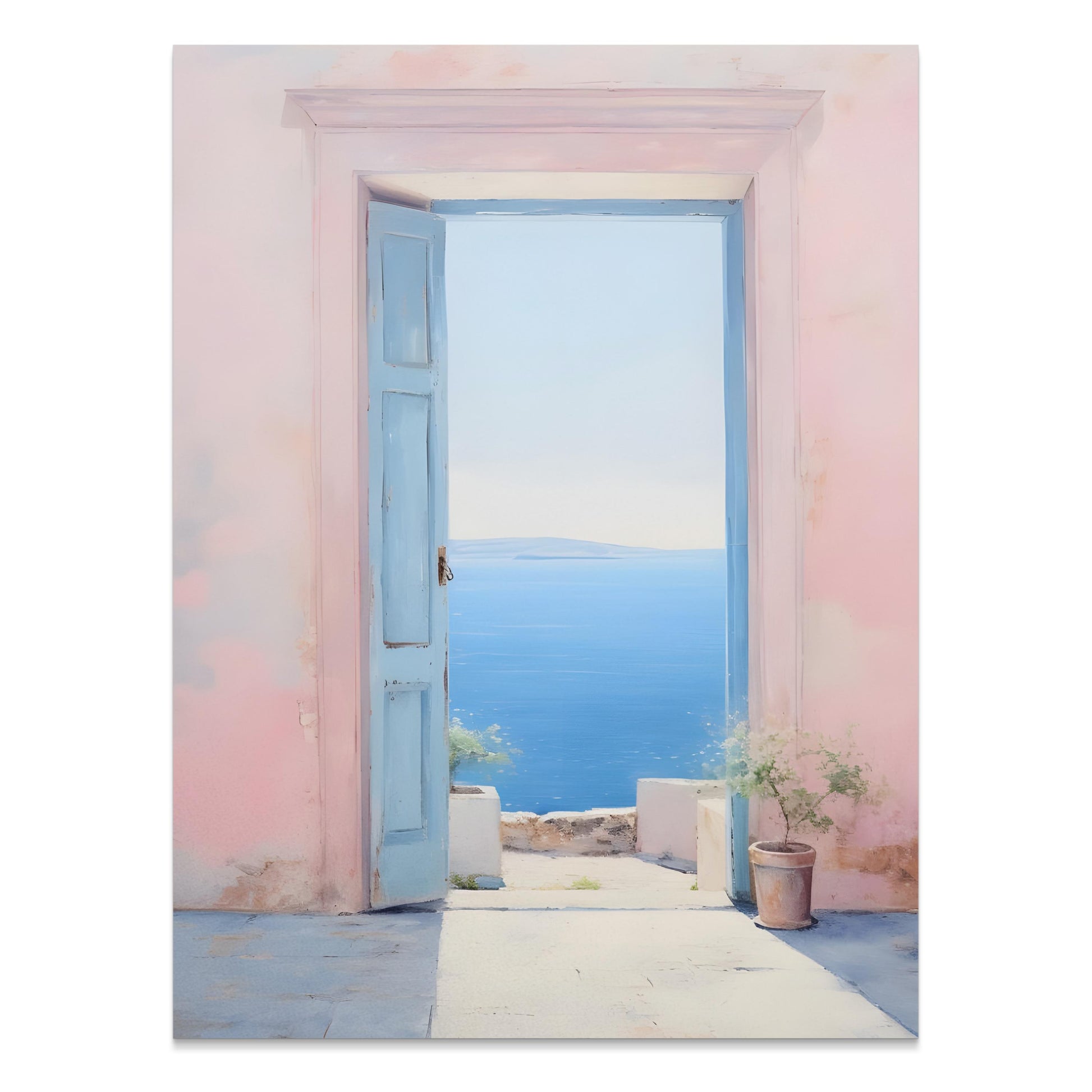 Premium Poster of Serene Ocean View Through Pastel Open Door Posters