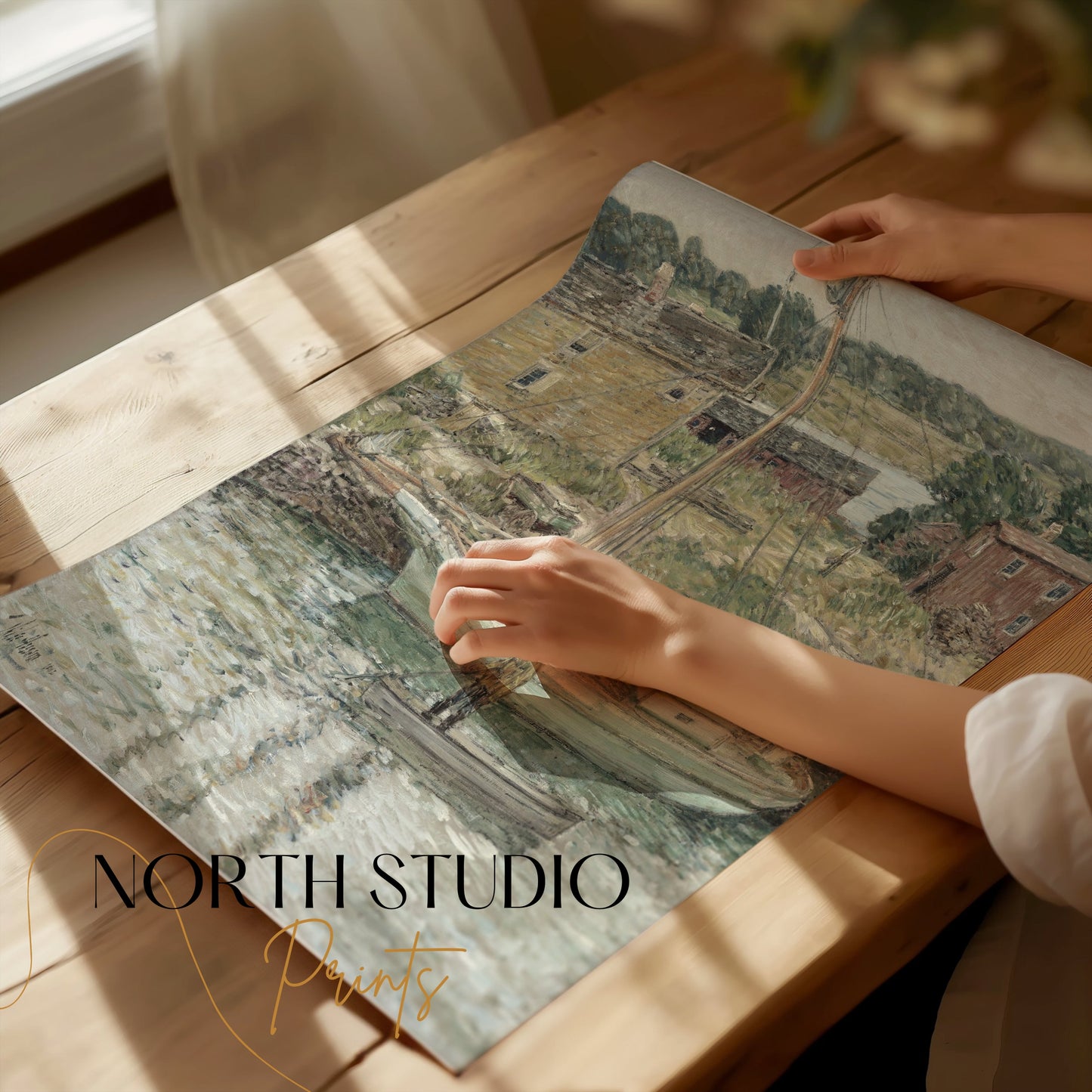 Premium Poster of Serene River Scene with Boats and Cottages Posters