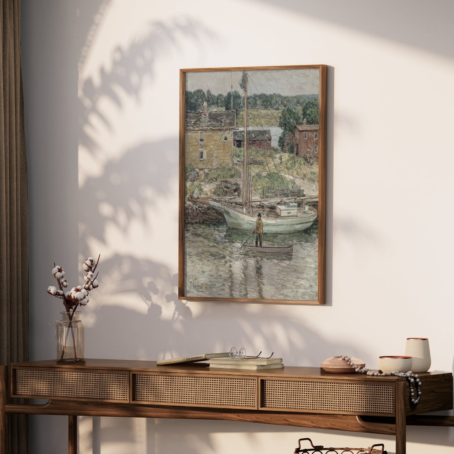 Premium Poster of Serene River Scene with Boats and Cottages Posters