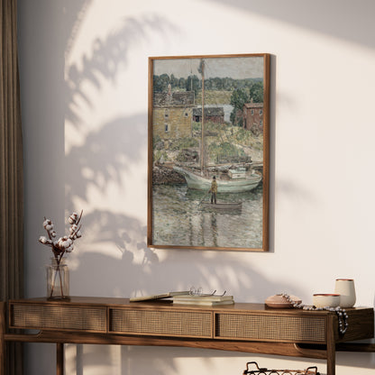 Premium Poster of Serene River Scene with Boats and Cottages Posters