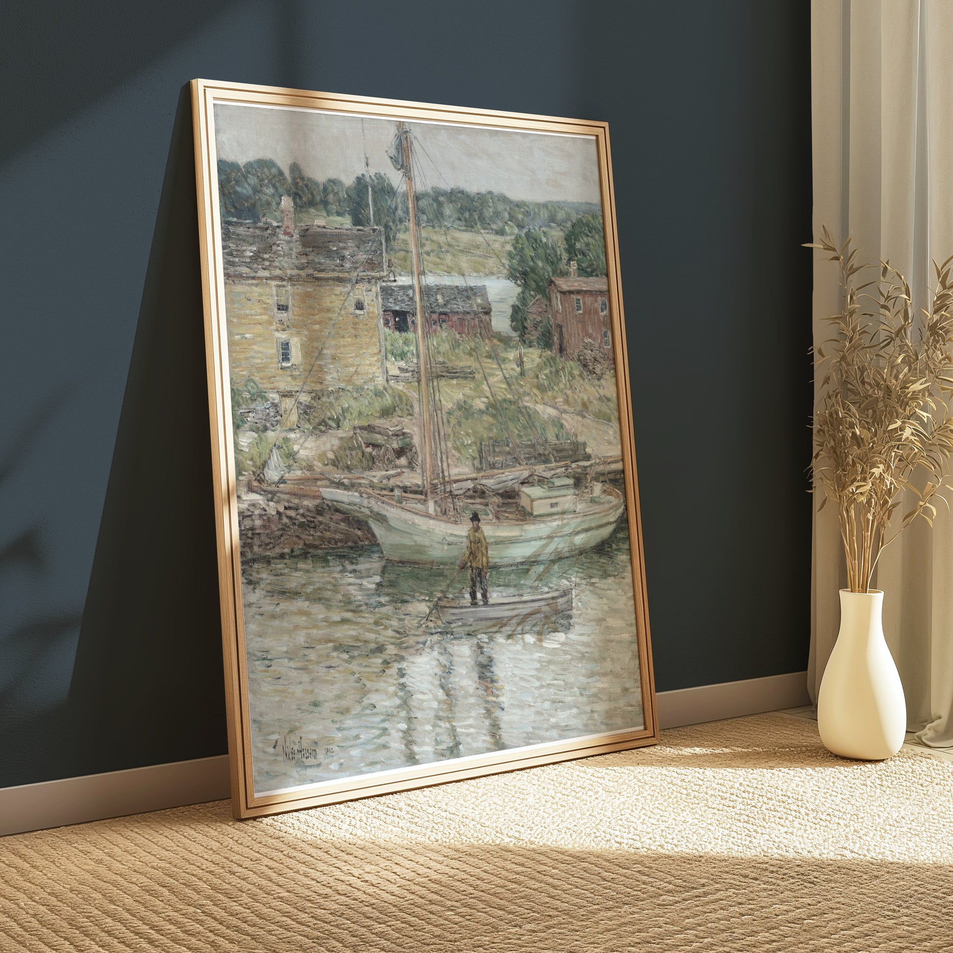 Premium Poster of Serene River Scene with Boats and Cottages Posters