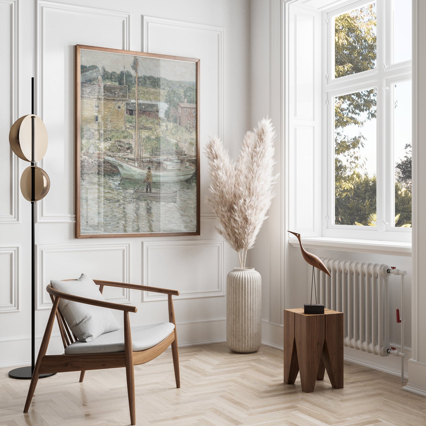 Premium Poster of Serene River Scene with Boats and Cottages Posters