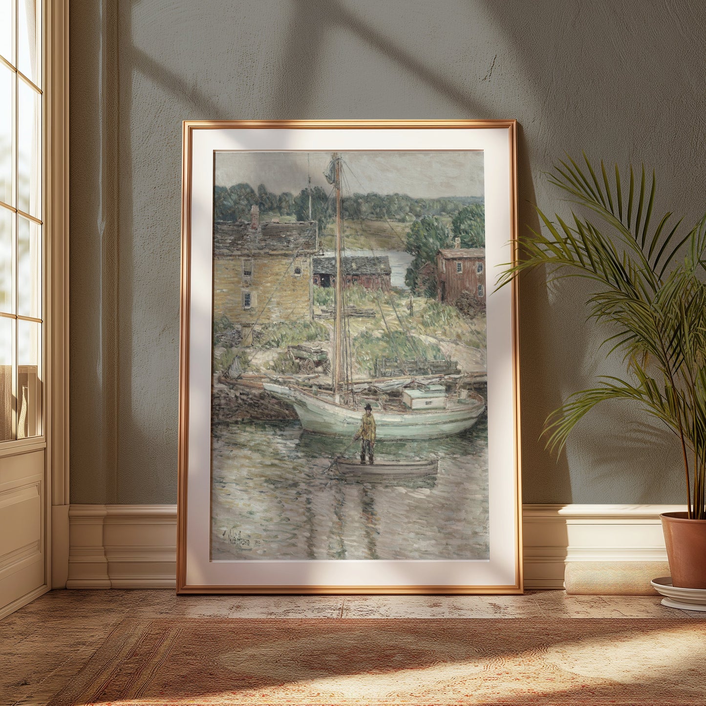 Premium Poster of Serene River Scene with Boats and Cottages Posters