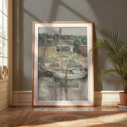 Premium Poster of Serene River Scene with Boats and Cottages Posters