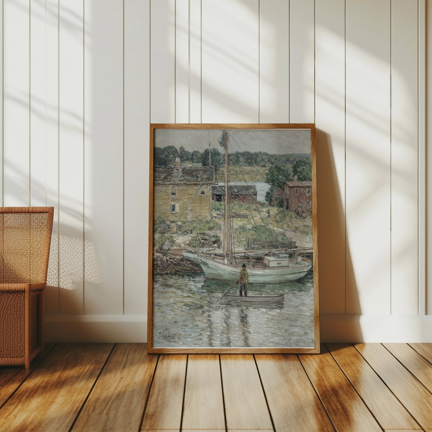 Premium Poster of Serene River Scene with Boats and Cottages Posters