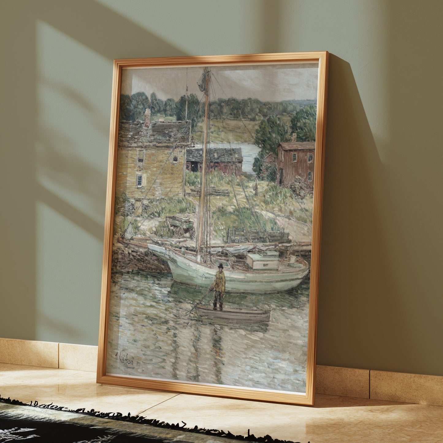 Premium Poster of Serene River Scene with Boats and Cottages Posters