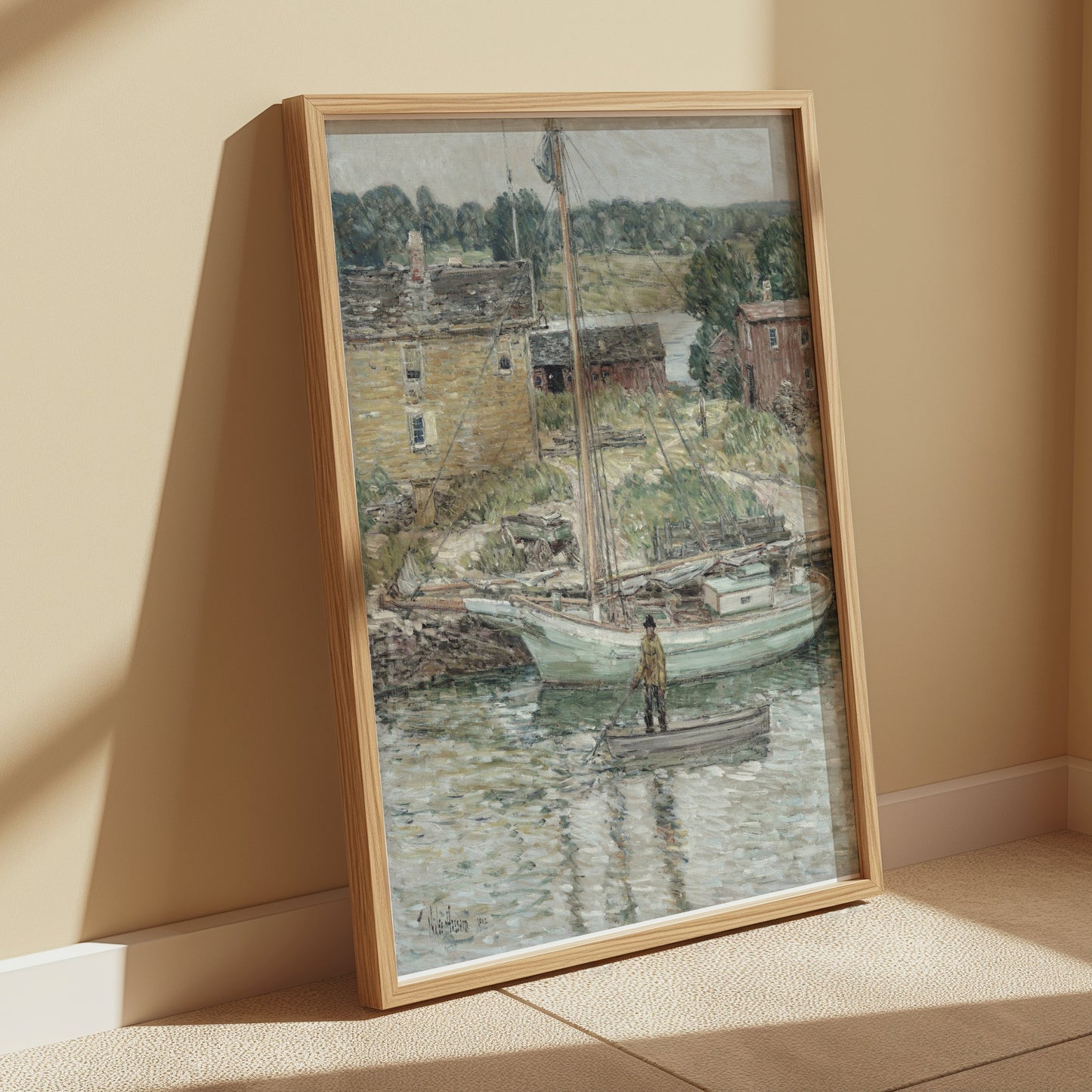 Premium Poster of Serene River Scene with Boats and Cottages Posters