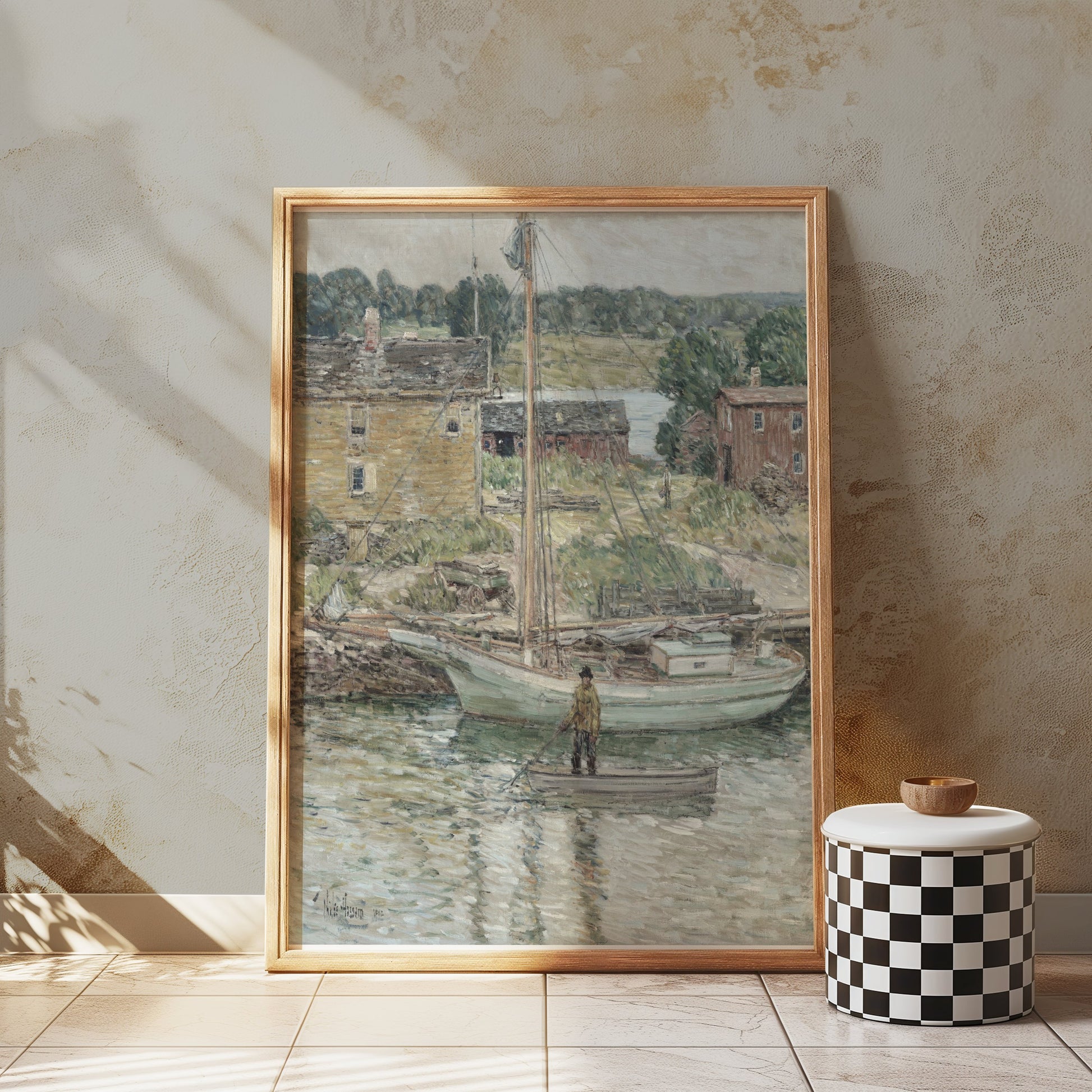 Premium Poster of Serene River Scene with Boats and Cottages Posters