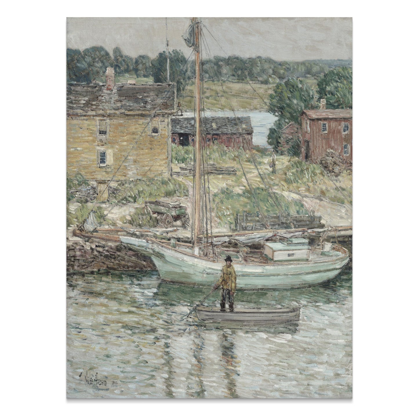 Premium Poster of Serene River Scene with Boats and Cottages Posters