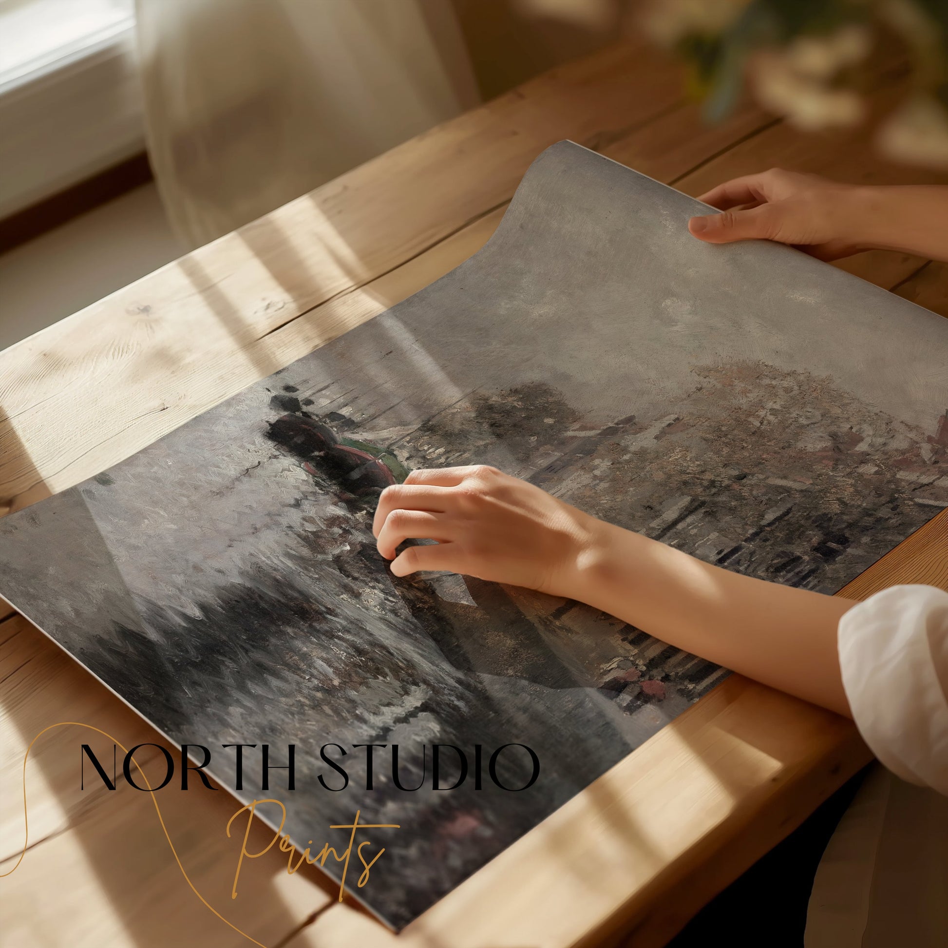 Premium Poster of Serene River View with Boats and Buildings Posters