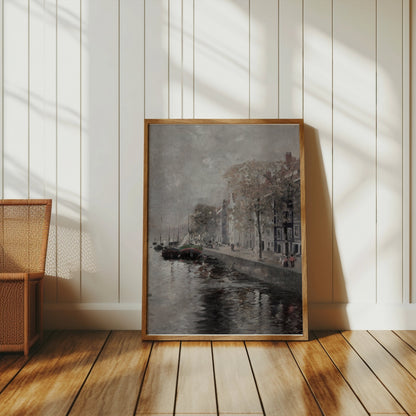 Premium Poster of Serene River View with Boats and Buildings Posters