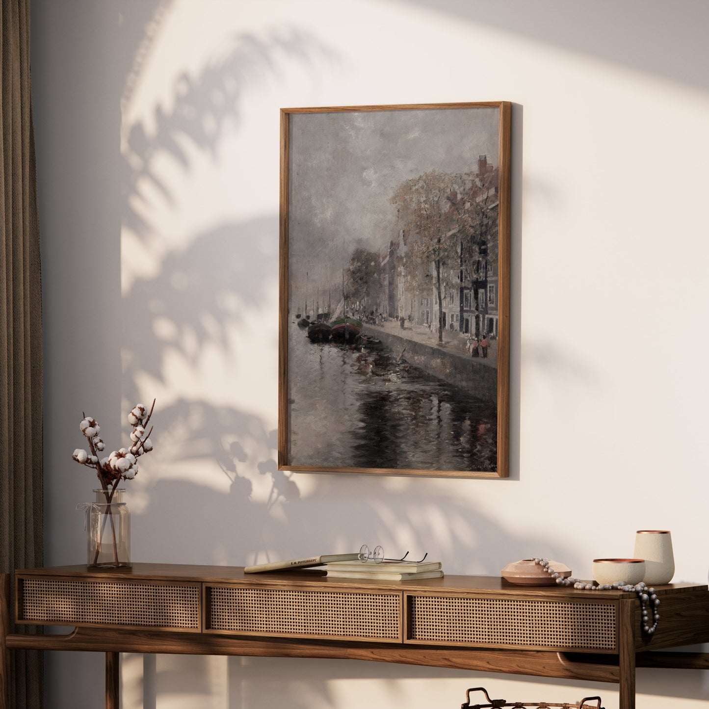 Premium Poster of Serene River View with Boats and Buildings Posters