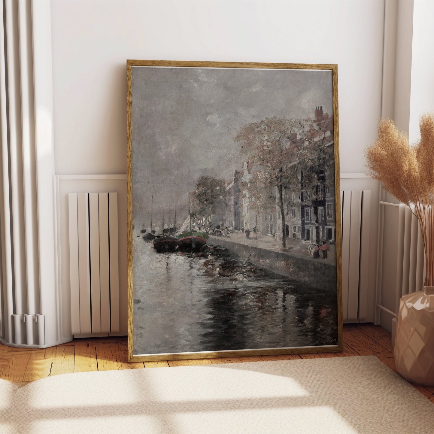 Premium Poster of Serene River View with Boats and Buildings Posters