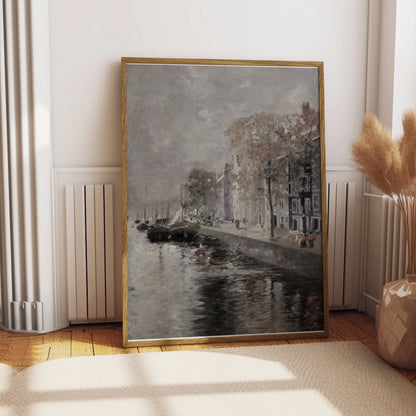Premium Poster of Serene River View with Boats and Buildings Posters