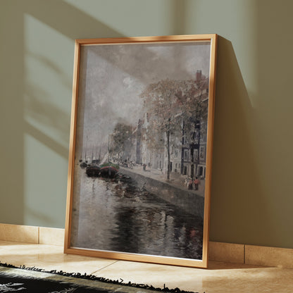 Premium Poster of Serene River View with Boats and Buildings Posters