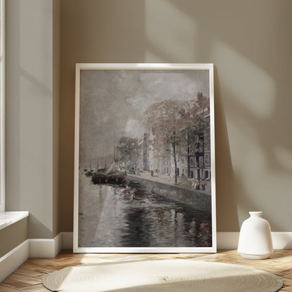 Premium Poster of Serene River View with Boats and Buildings Posters
