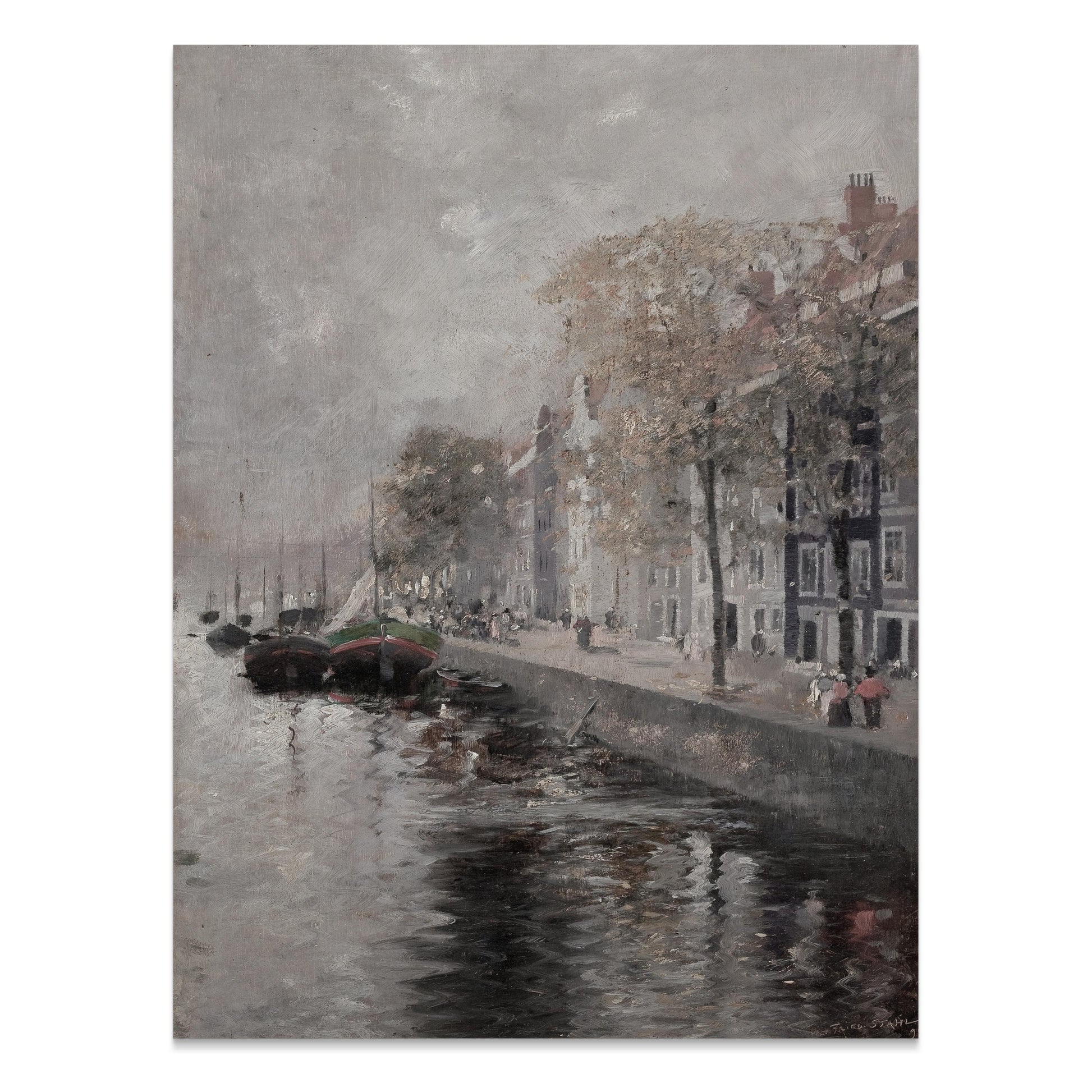 Premium Poster of Serene River View with Boats and Buildings Posters