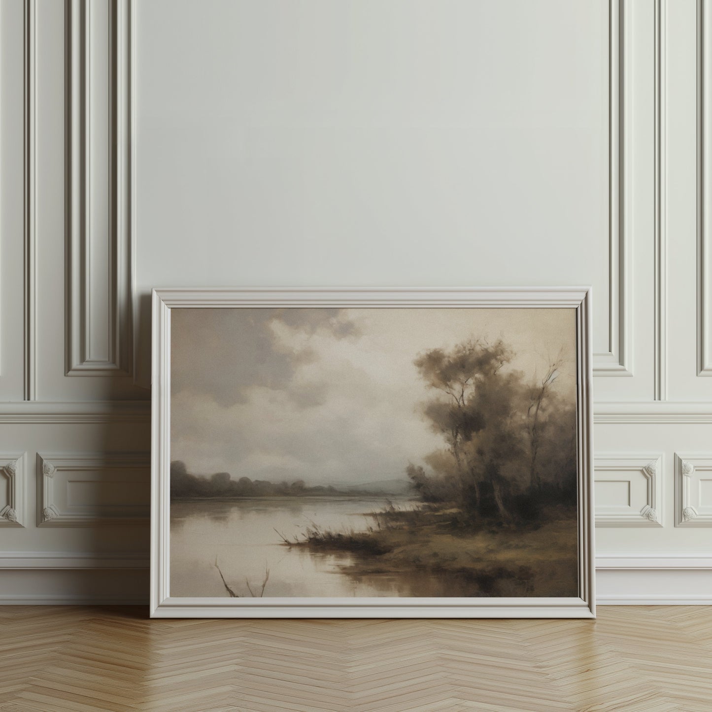 Premium Poster of Serene Riverbank Scene with Trees and Misty Atmosphere Posters