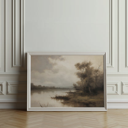 Premium Poster of Serene Riverbank Scene with Trees and Misty Atmosphere Posters
