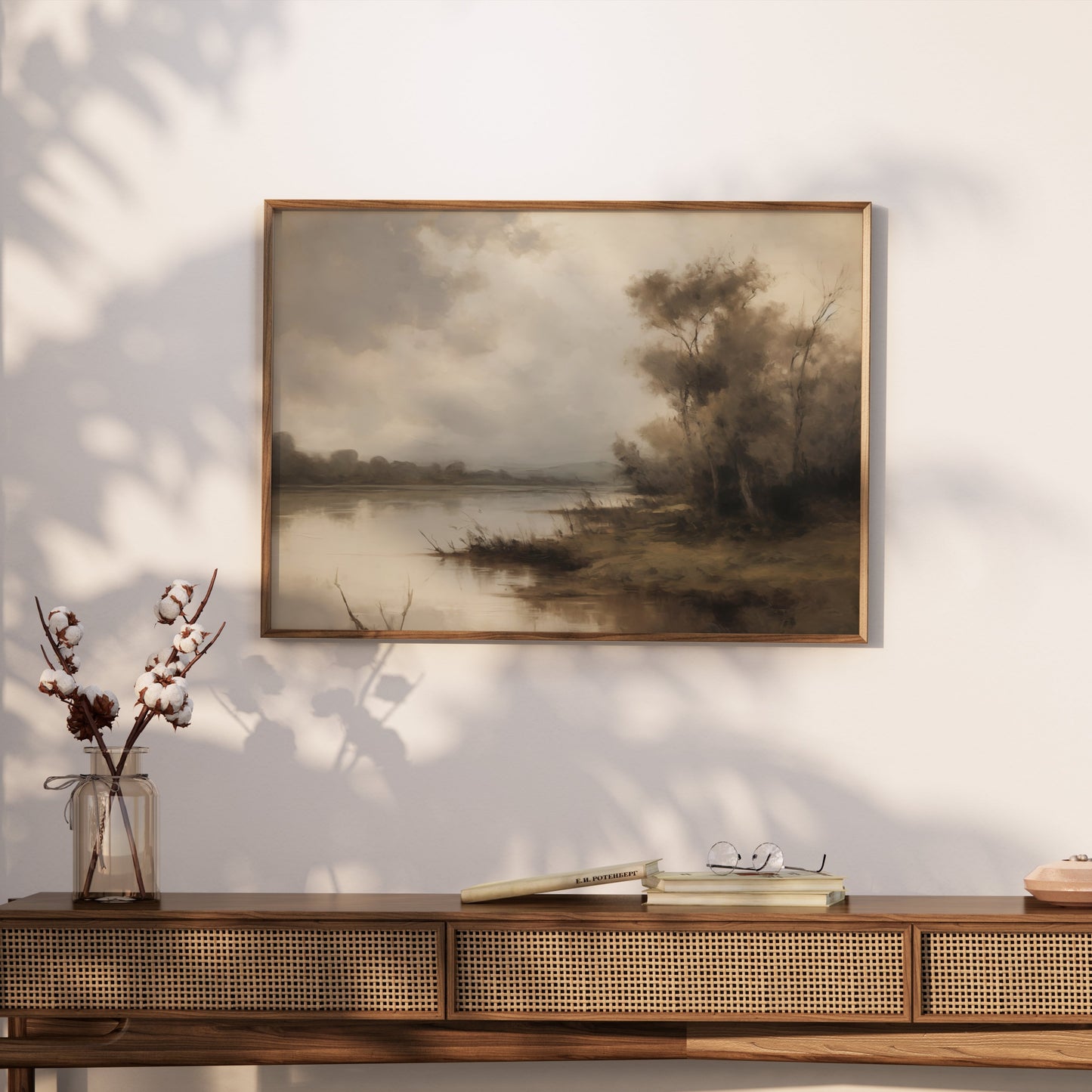 Premium Poster of Serene Riverbank Scene with Trees and Misty Atmosphere Posters