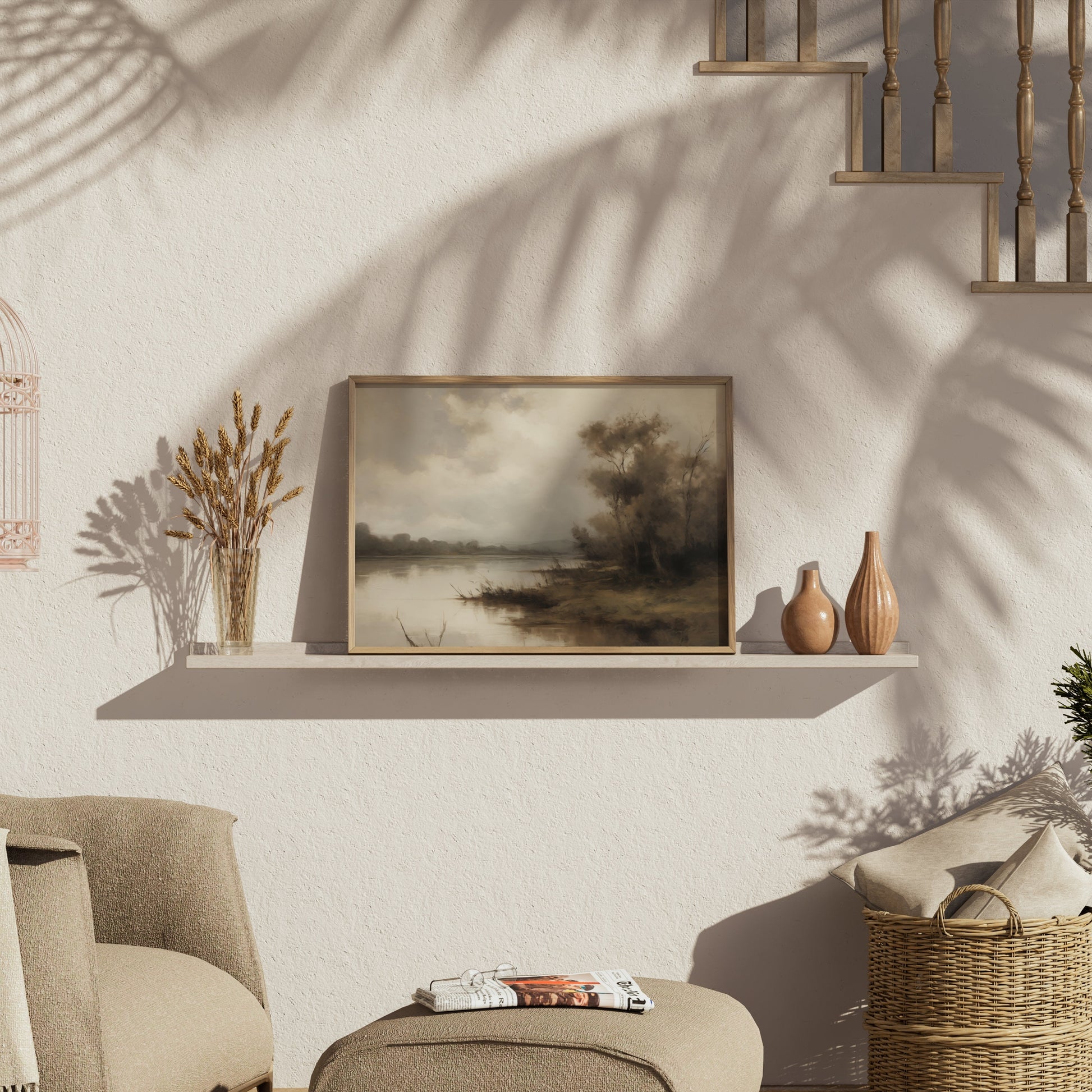 Premium Poster of Serene Riverbank Scene with Trees and Misty Atmosphere Posters
