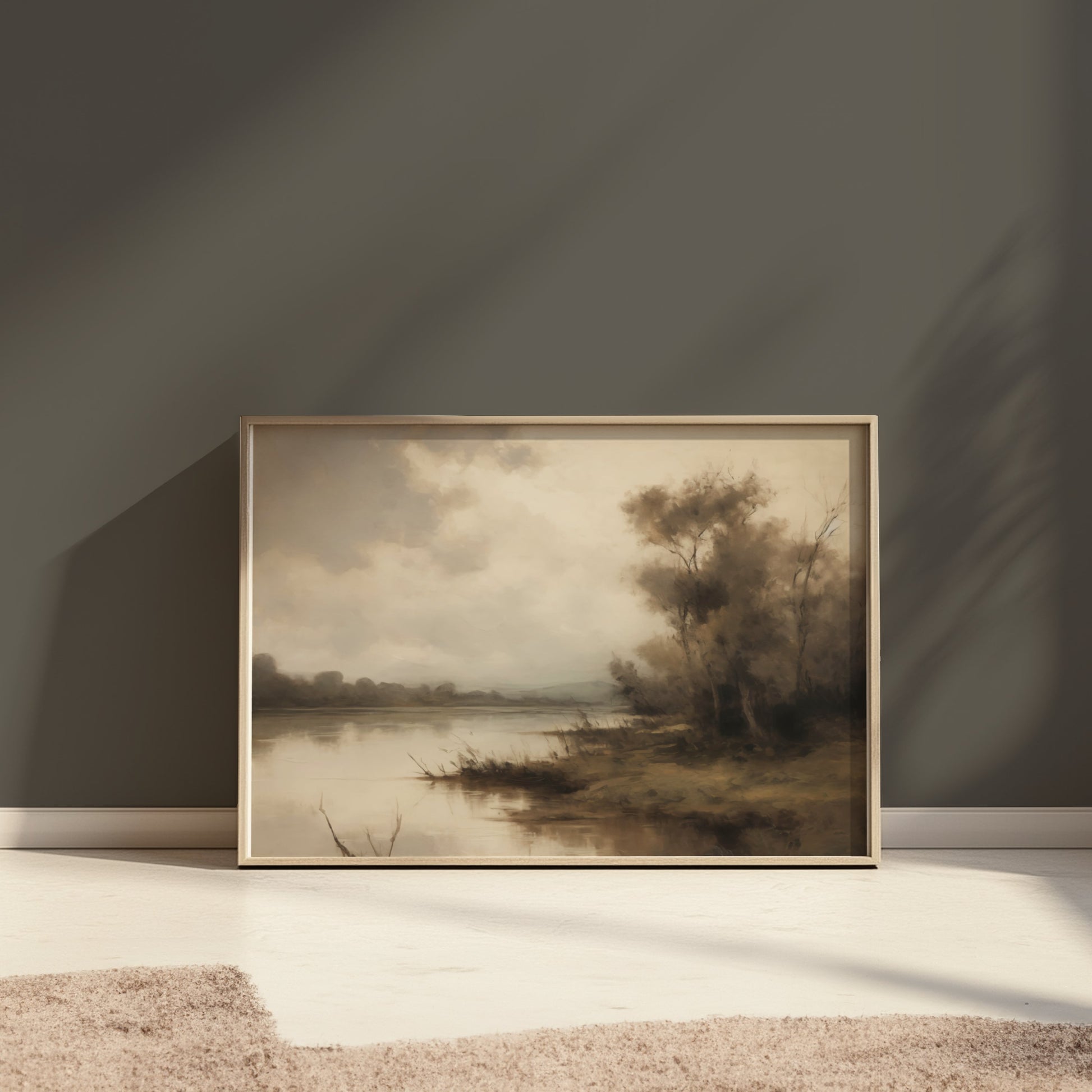 Premium Poster of Serene Riverbank Scene with Trees and Misty Atmosphere Posters