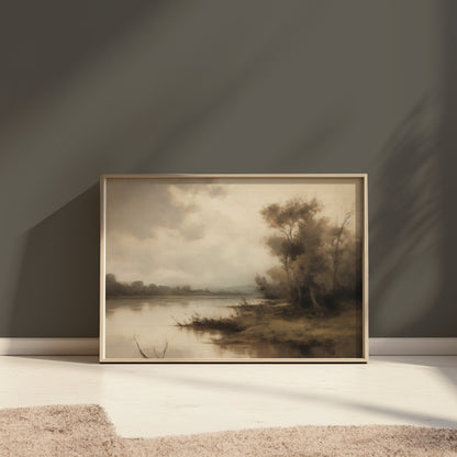 Premium Poster of Serene Riverbank Scene with Trees and Misty Atmosphere Posters