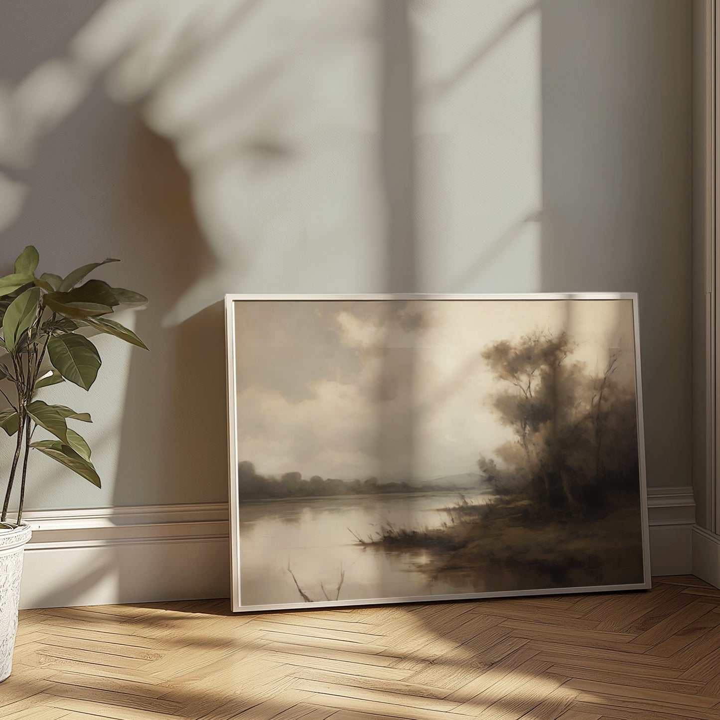 Premium Poster of Serene Riverbank Scene with Trees and Misty Atmosphere Posters