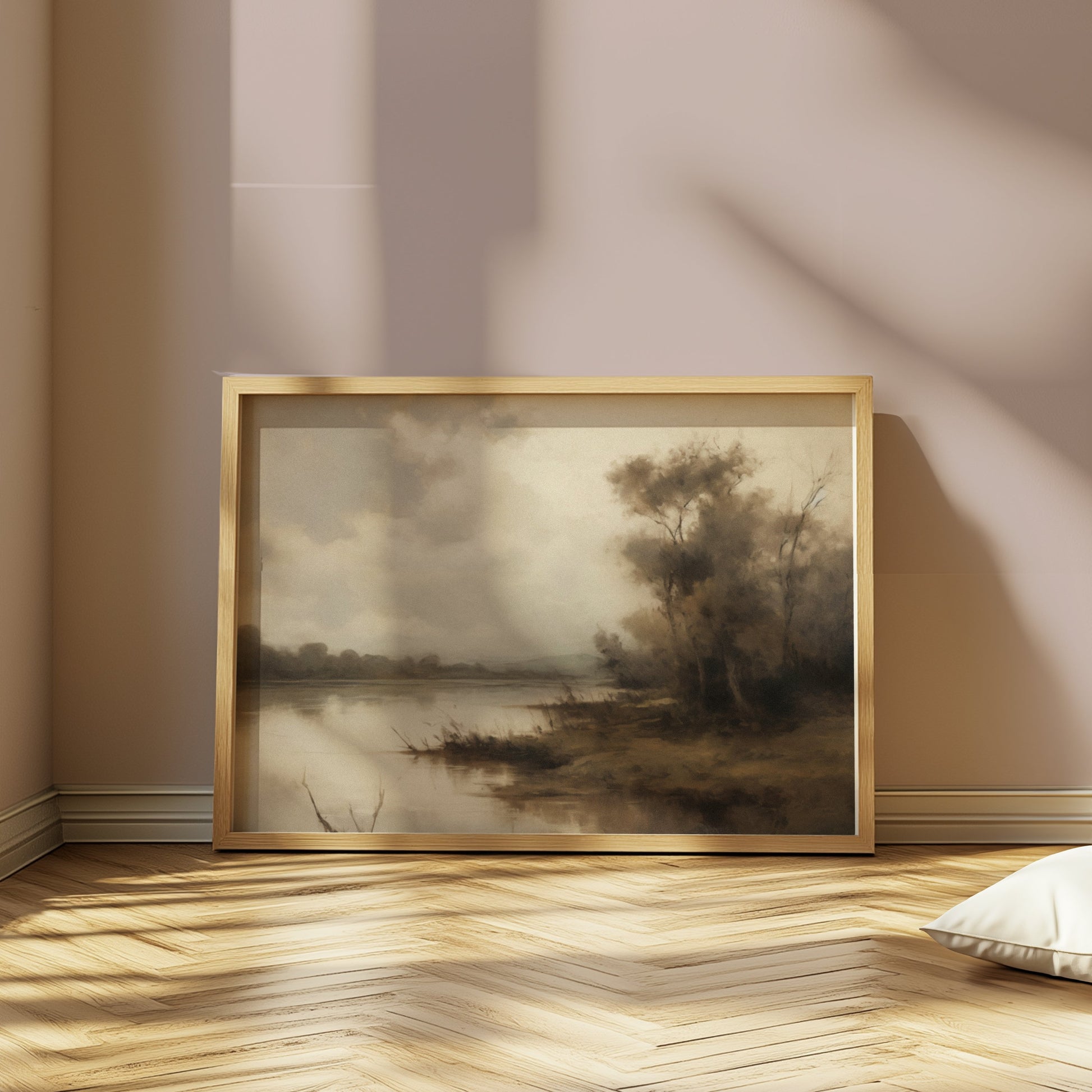 Premium Poster of Serene Riverbank Scene with Trees and Misty Atmosphere Posters