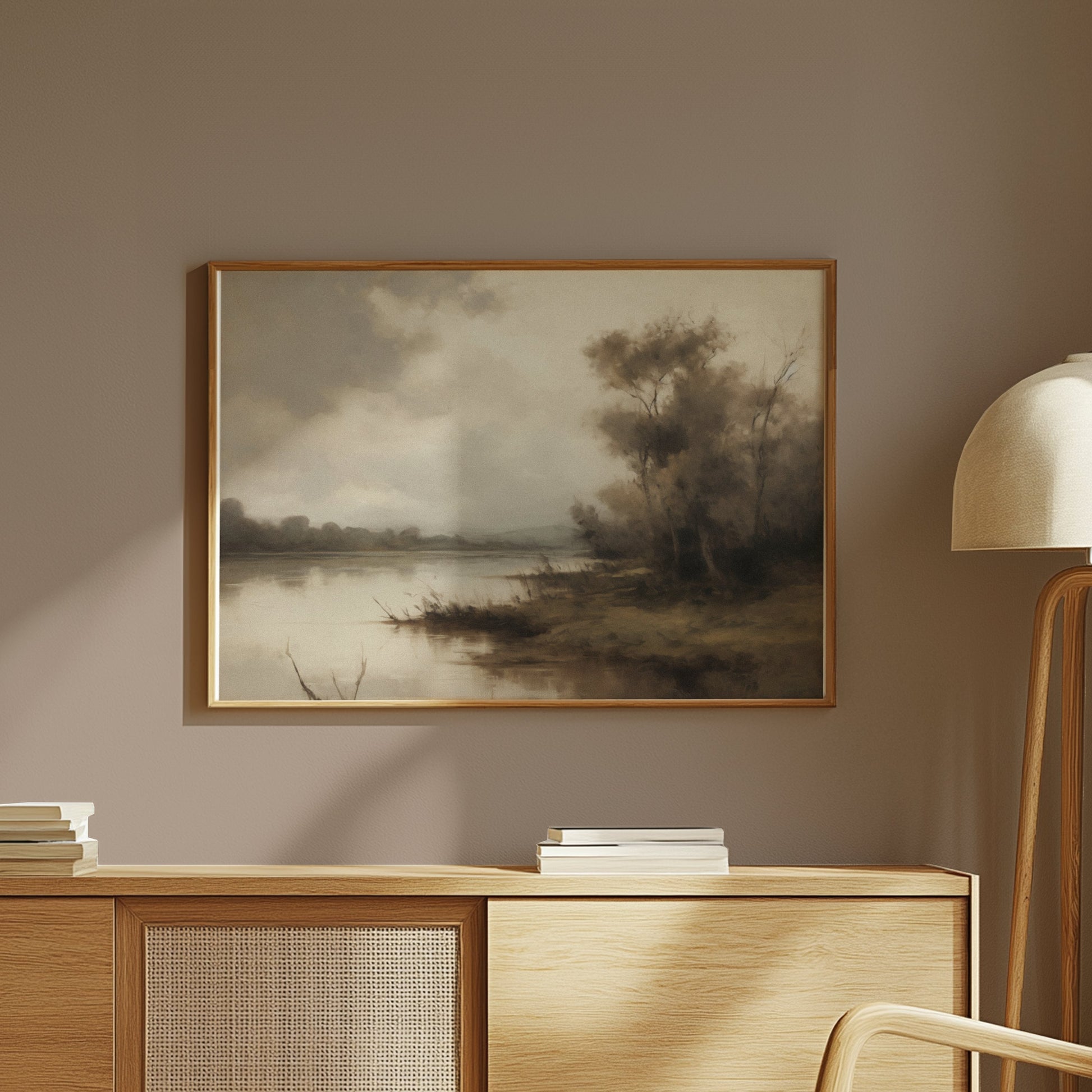 Premium Poster of Serene Riverbank Scene with Trees and Misty Atmosphere Posters