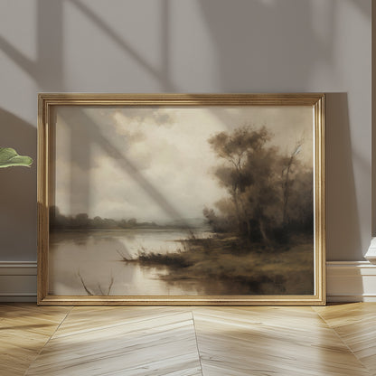 Premium Poster of Serene Riverbank Scene with Trees and Misty Atmosphere Posters