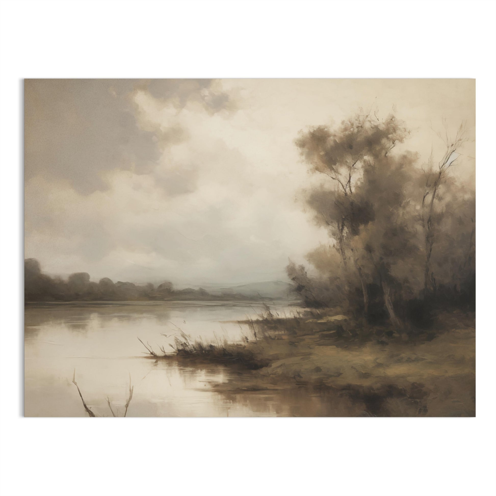 Premium Poster of Serene Riverbank Scene with Trees and Misty Atmosphere Posters