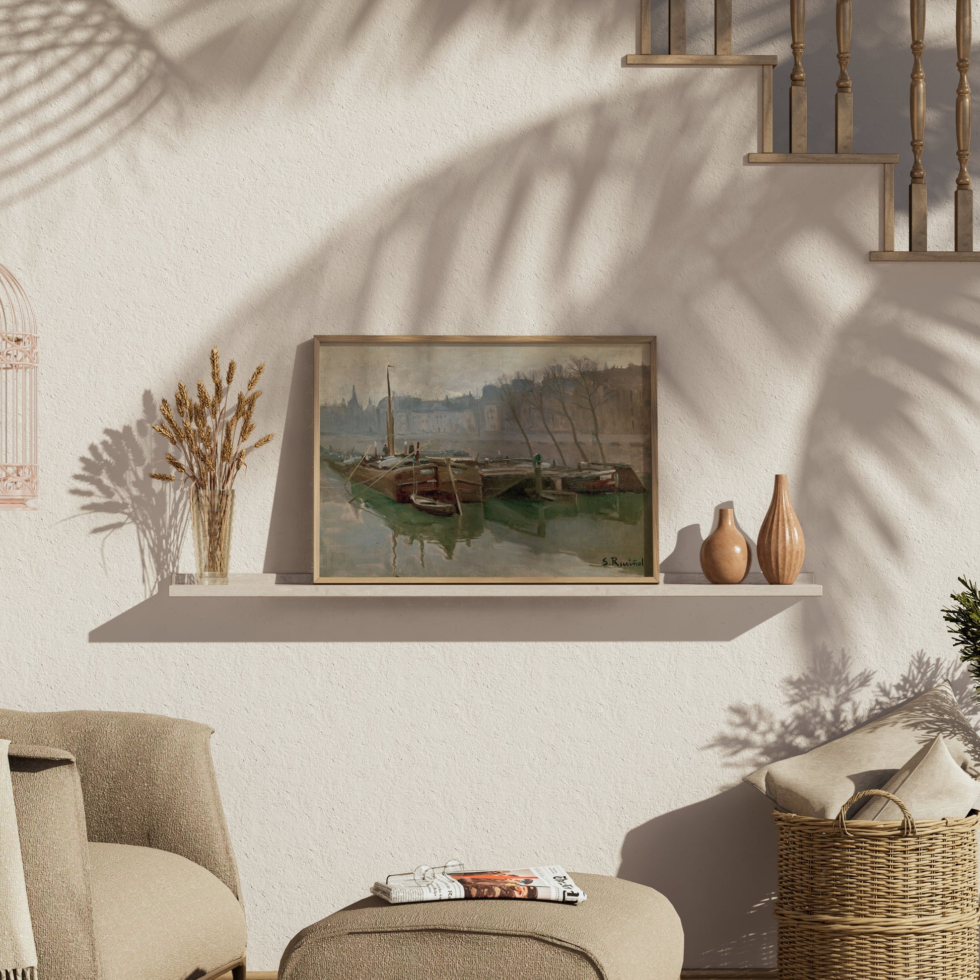 Premium Poster of Serene Riverside David S Rue Boats Landscape Art Posters
