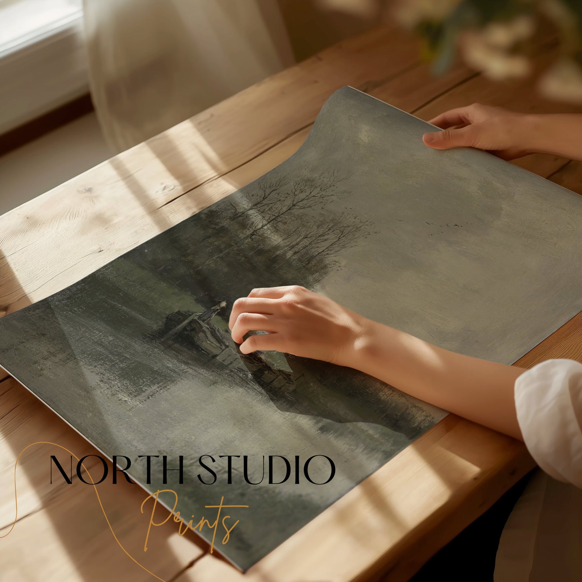 Premium Poster of Serene Riverside Oil Painting Art Scenic Landscape Posters