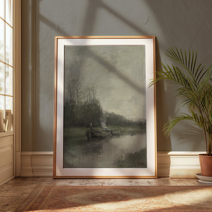 Premium Poster of Serene Riverside Oil Painting Art Scenic Landscape Posters