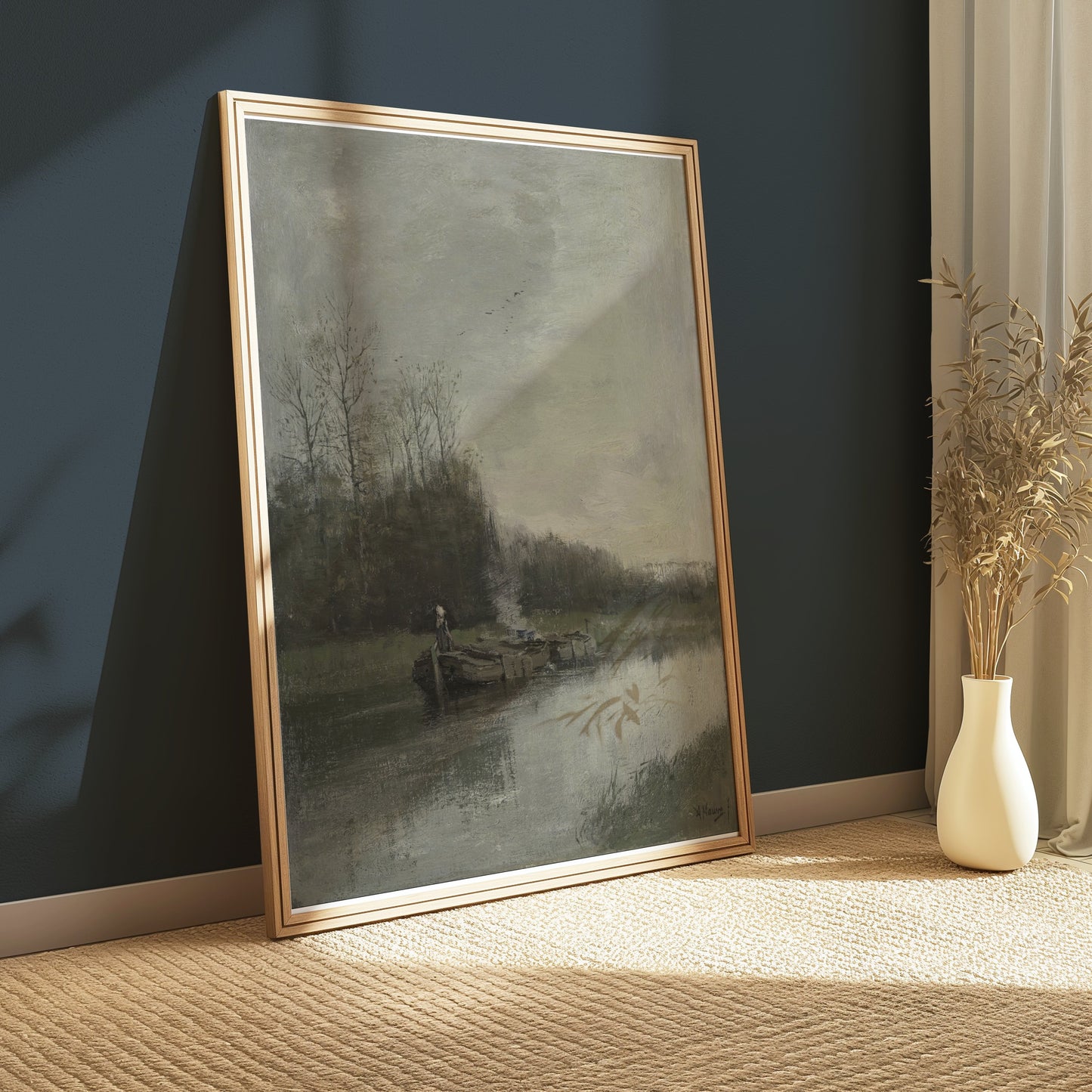 Premium Poster of Serene Riverside Oil Painting Art Scenic Landscape Posters