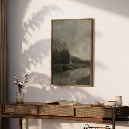 Premium Poster of Serene Riverside Oil Painting Art Scenic Landscape Posters