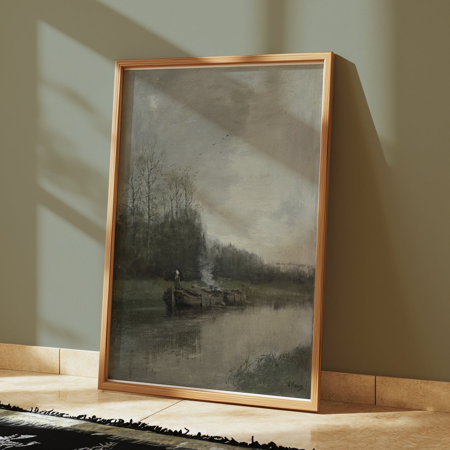 Premium Poster of Serene Riverside Oil Painting Art Scenic Landscape Posters