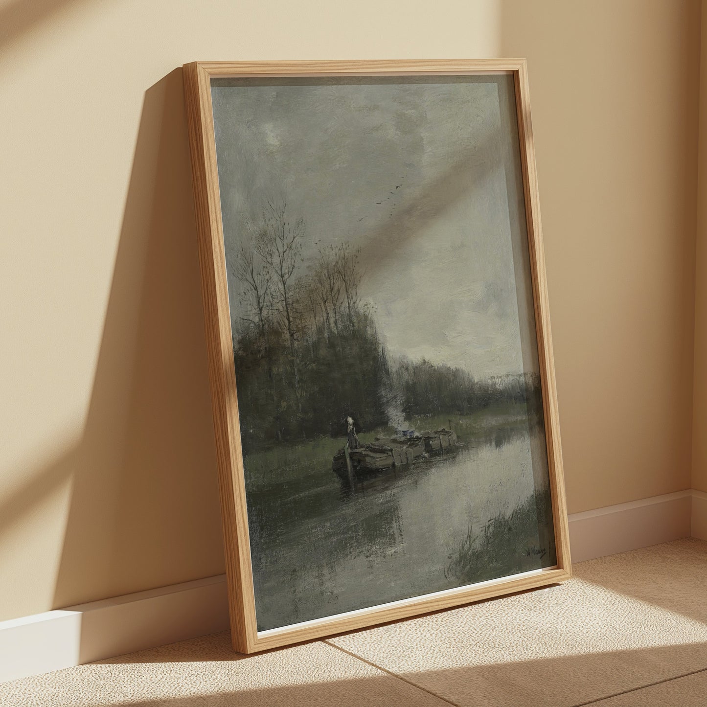 Premium Poster of Serene Riverside Oil Painting Art Scenic Landscape Posters