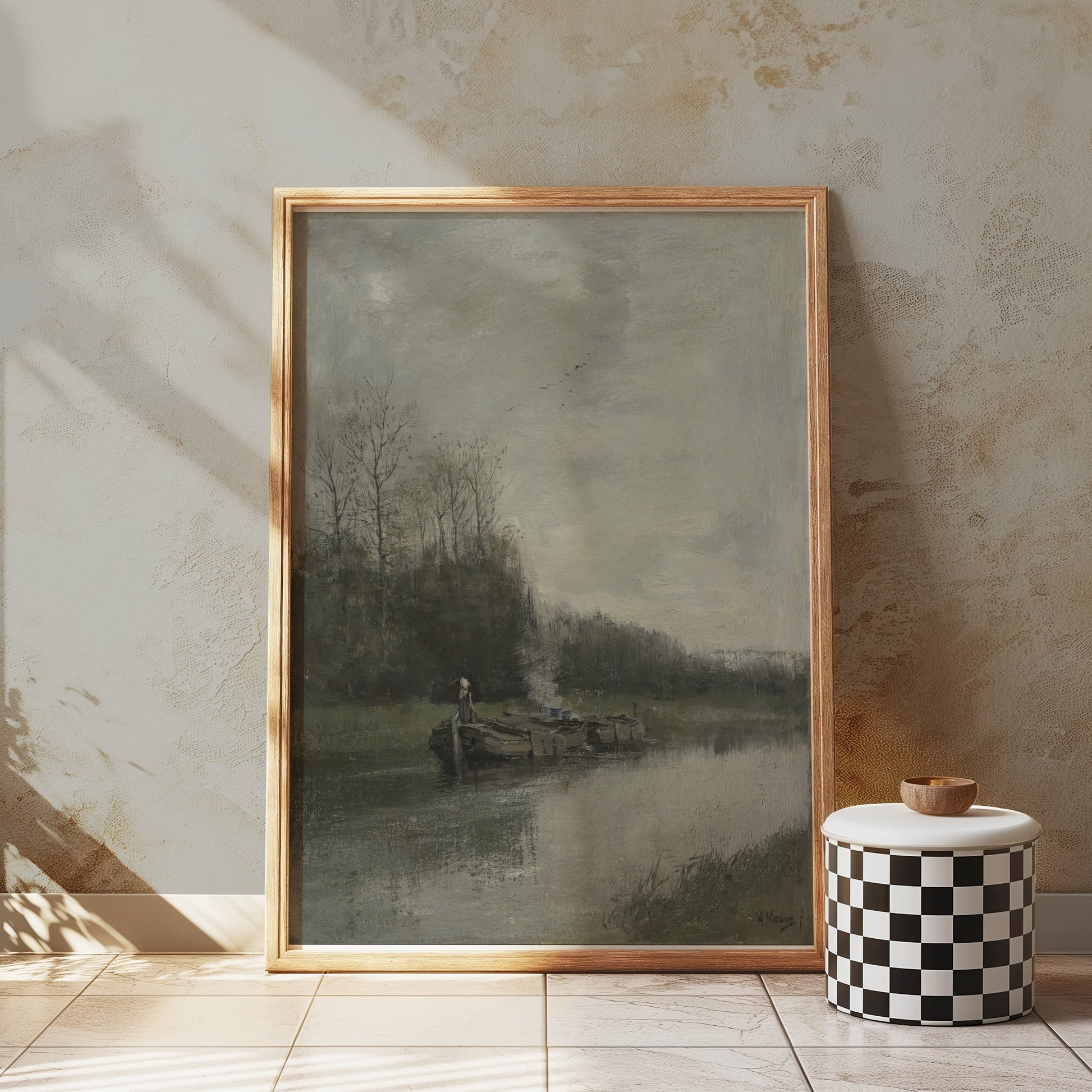 Premium Poster of Serene Riverside Oil Painting Art Scenic Landscape Posters