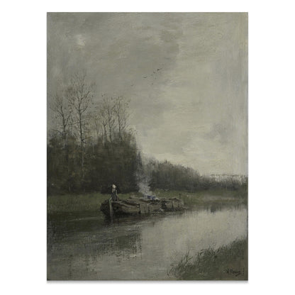 Premium Poster of Serene Riverside Oil Painting Art Scenic Landscape Posters