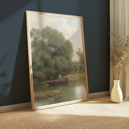 Premium Poster of Serene Riverside Rowboat Fishing Adventure Art Posters