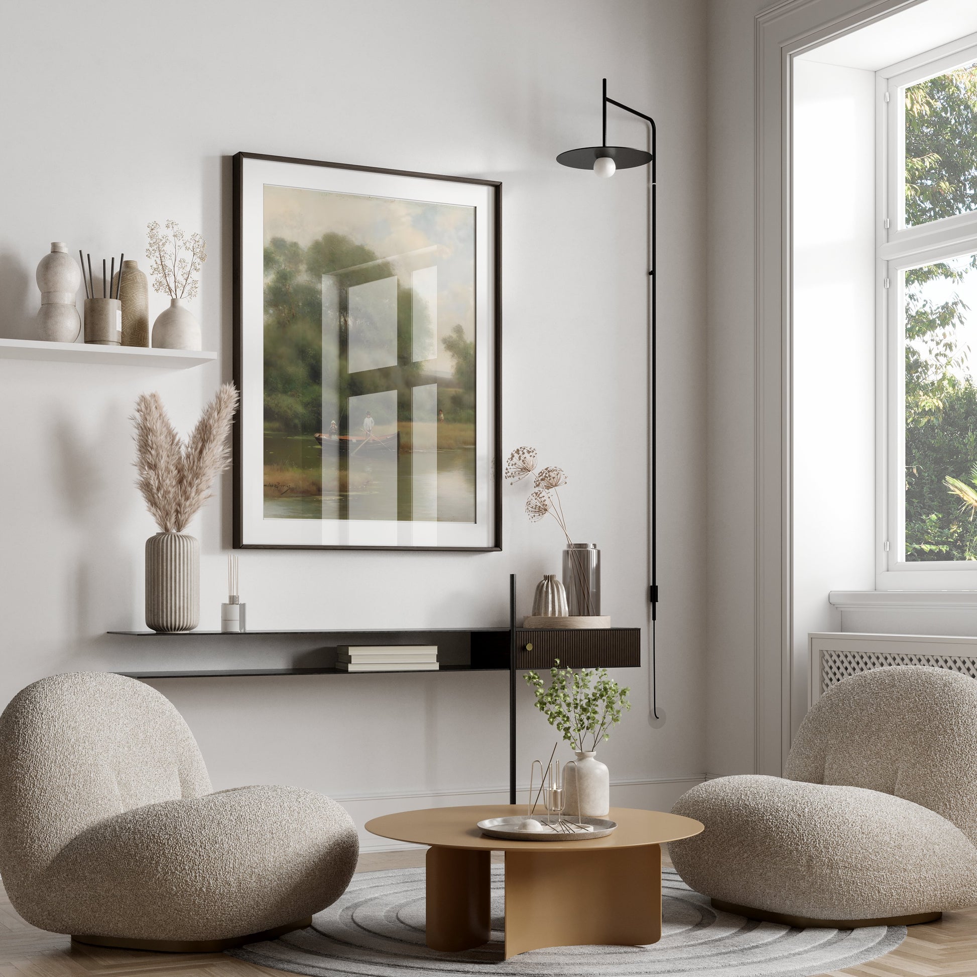 Premium Poster of Serene Riverside Rowboat Fishing Adventure Art Posters