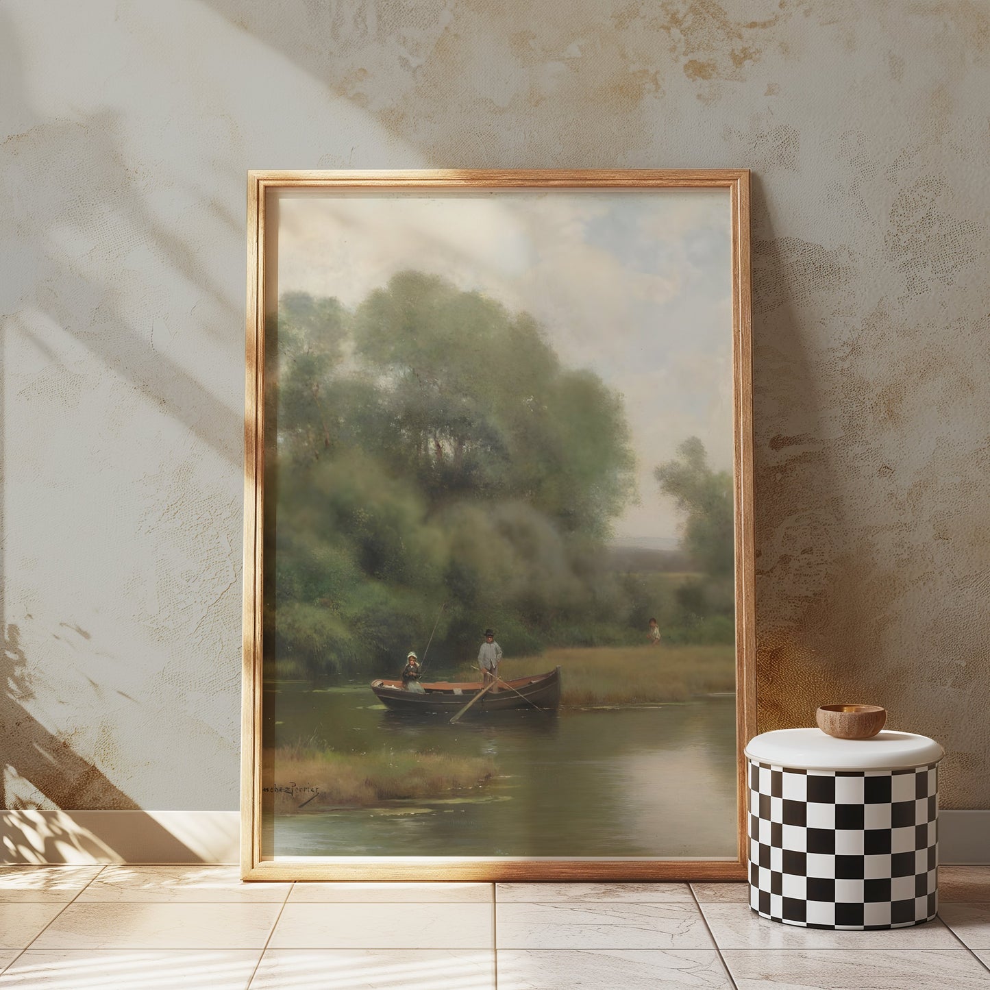 Premium Poster of Serene Riverside Rowboat Fishing Adventure Art Posters