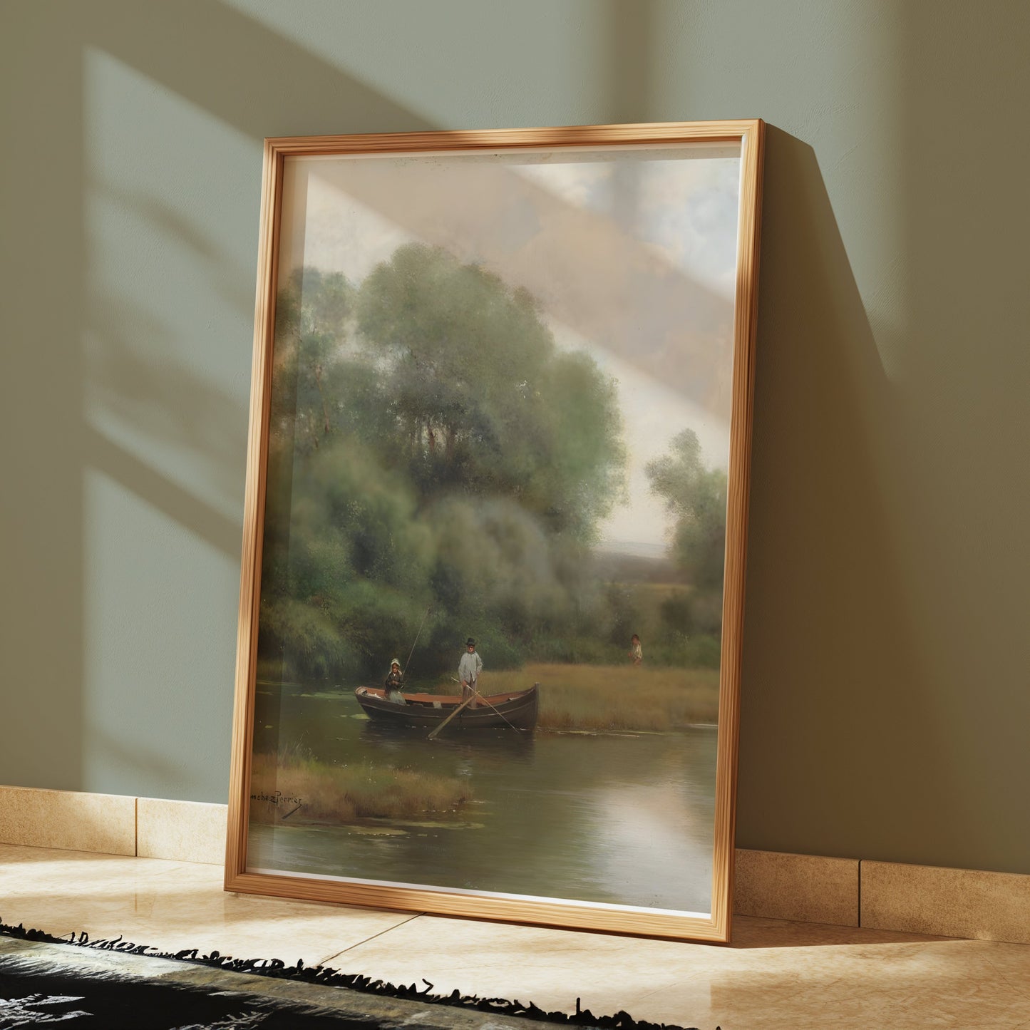 Premium Poster of Serene Riverside Rowboat Fishing Adventure Art Posters