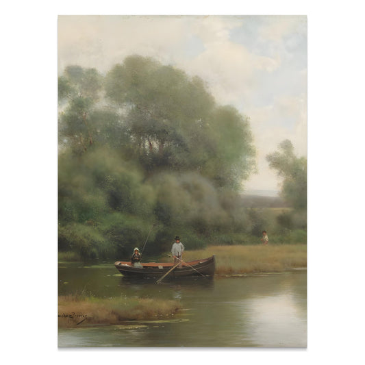 Premium Poster of Serene Riverside Rowboat Fishing Adventure Art Posters