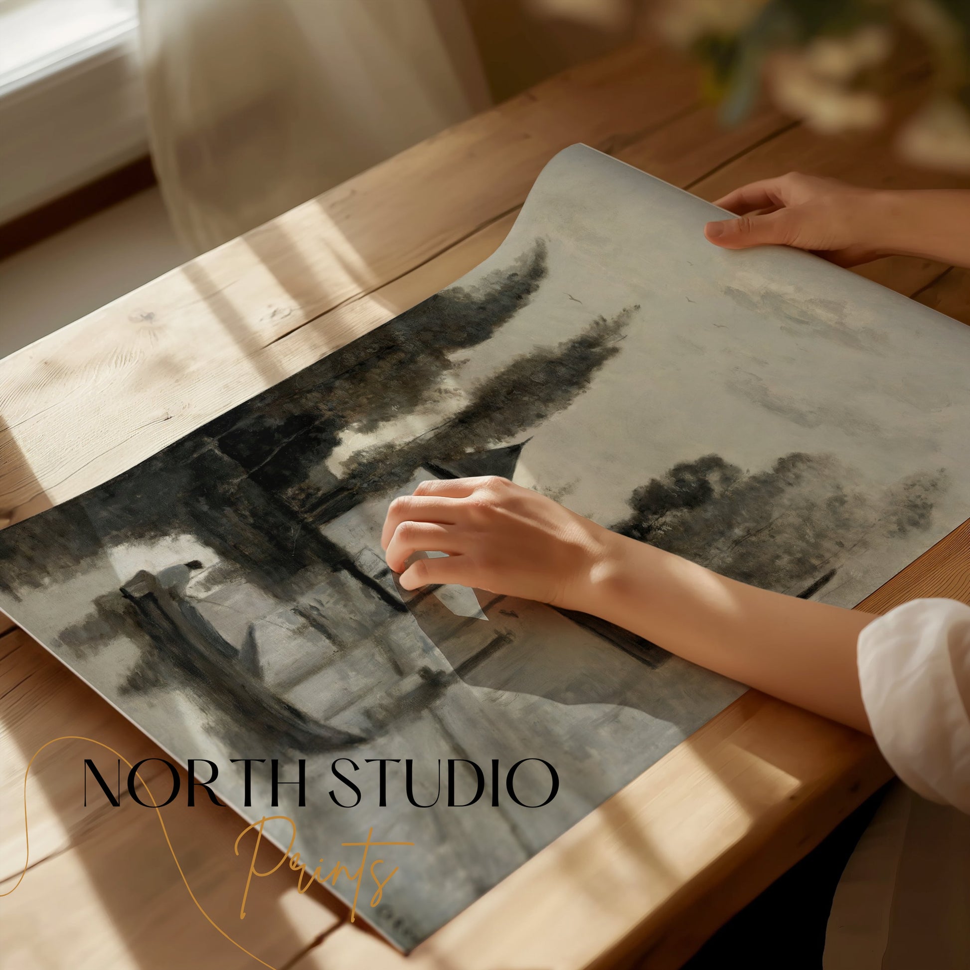 Premium Poster of Serene Riverside Scene with Rowboat and Trees Posters