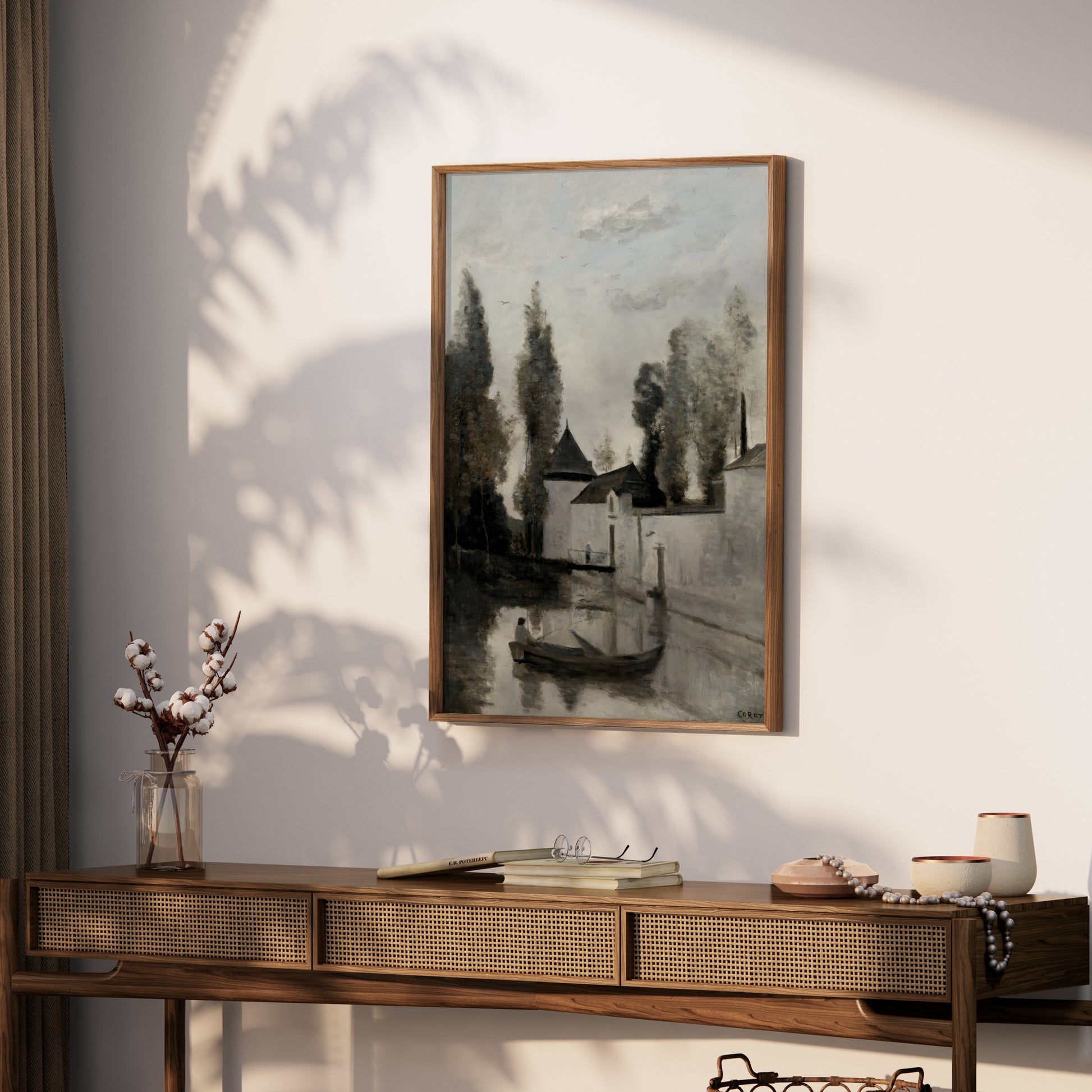 Premium Poster of Serene Riverside Scene with Rowboat and Trees Posters